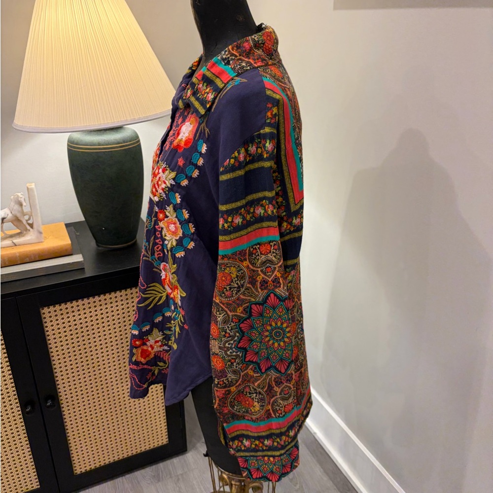 All About Her Embroidered Mosaic Button-Up Shirt 100% Cotton (XL) Hippie Gypsy - Picture 4 of 17